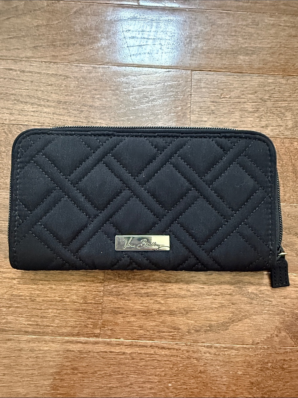 Vera Bradley Black Quilted Zip Wallet with Logo Plate
